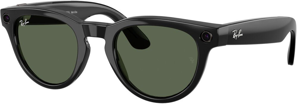 Okulary META Ray-Ban Headliner Gen 2 Czarne okulary w zaokrąglonych oprawkach z wbudowaną kamerą umieszczone na białym tle