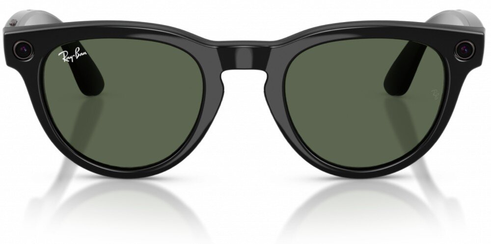 Okulary META Ray-Ban Headliner Gen 2 Czarne okulary w zaokrąglonych oprawkach z wbudowaną kamerą umieszczone na białym tle, na dole widać cień