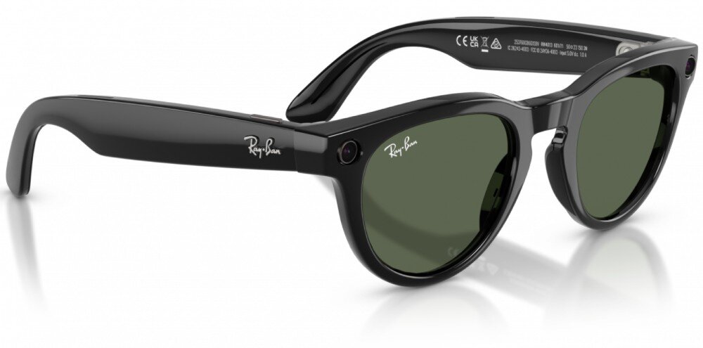 Okulary META Ray-Ban Headliner Gen 2 Czarne okulary w zaokrąglonych oprawkach z wbudowaną kamerą, widziane z boku, na zauszniku widać napis 'Ray-Ban'