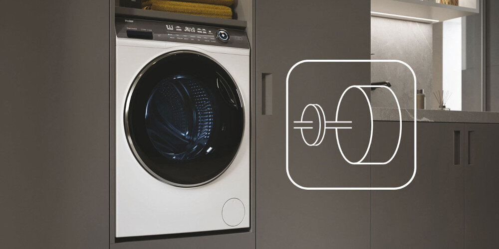 PRALKA HAIER HW90G-BD14979U1S lifestyle wizualizacja ikona silnik pralka bok zamknięta kolor biały Redukcja hałasu i wibracji 