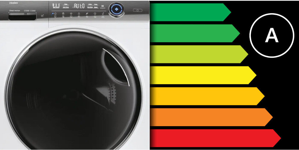 PRALKA HAIER HW90G-BD14979U1S lifestyle wizualizacja paski kolory klasy energetyczne oznaczenia klasa A oszczędności niskie zużycie prądu
