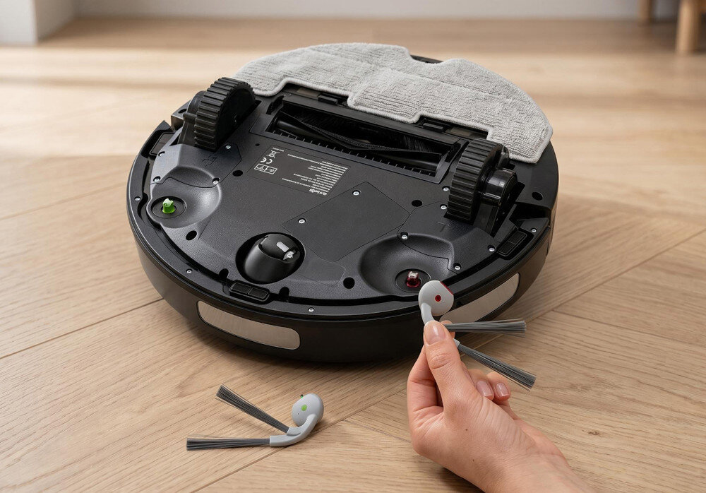 Robot sprzątający SETTI+ RV600S podłoga w pokoju osoba trzyma szczotki boczne w dłoni moc ssąca robota wynosi 8000 Pa szczotka główna szczotki boczne pojemnik na kurz ma 400 ml pojemności filtr HEPA