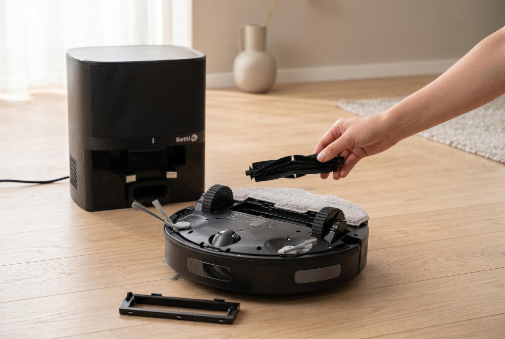 Robot sprzątający SETTI+ RV600S pokój robot sprząta drobinki z podłogi w tle stacja dokująca zbiornik na wodę o pojemności 240 ml dwa zestawy ściereczek z mikrofibry Funkcja mopowania ograniczyć liczbę ręcznych czynności Ściereczkę mocuje się na rzepach