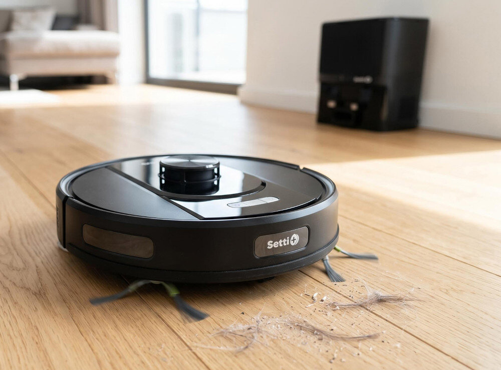 Robot sprzątający SETTI+ RV600S pokój robot lezy na podłodze osoba wyciąga szczotkę główną z wnętrza w tle stacja dokująca akumulator o pojemności 3200 mAh napięciu 14,4 V energii 46,08 Wh urządzenie monitoruje poziom naładowania baterii automatycznie przerywa pracę i wraca do stacji ładująco-czyszczącej czas ładowania około 300 minut