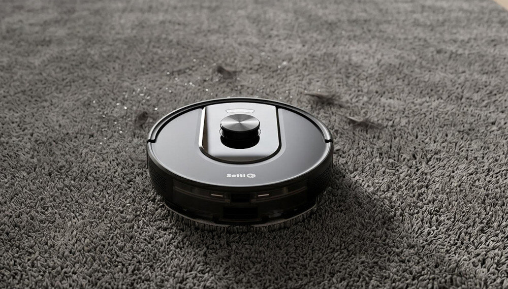 Robot sprzątający SETTI+ RV600S ciemny dywan robot zbiera drobinki z dywanu przeszkody o wysokości do 20 mm zderzak czujnik odległości czujnik podczerwieni czujniki krawędzi