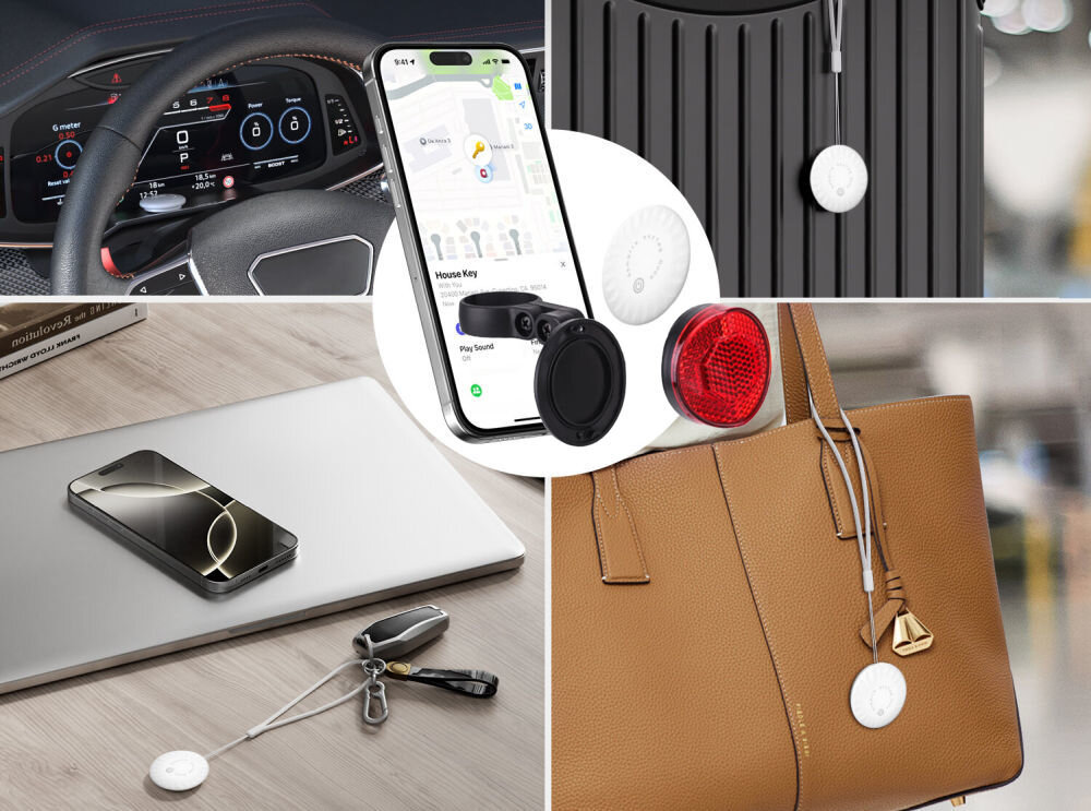 Lokalizator 4SMARTS SkyTag Duos Odblask rowerowy obok telefonu w tle pokazane różne miejsca przechowywania
