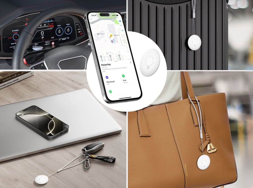 Lokalizator 4SMARTS SkyTag Duos Biały 2 szt. obok telefonu w tle pokazane różne miejsca przechowywania