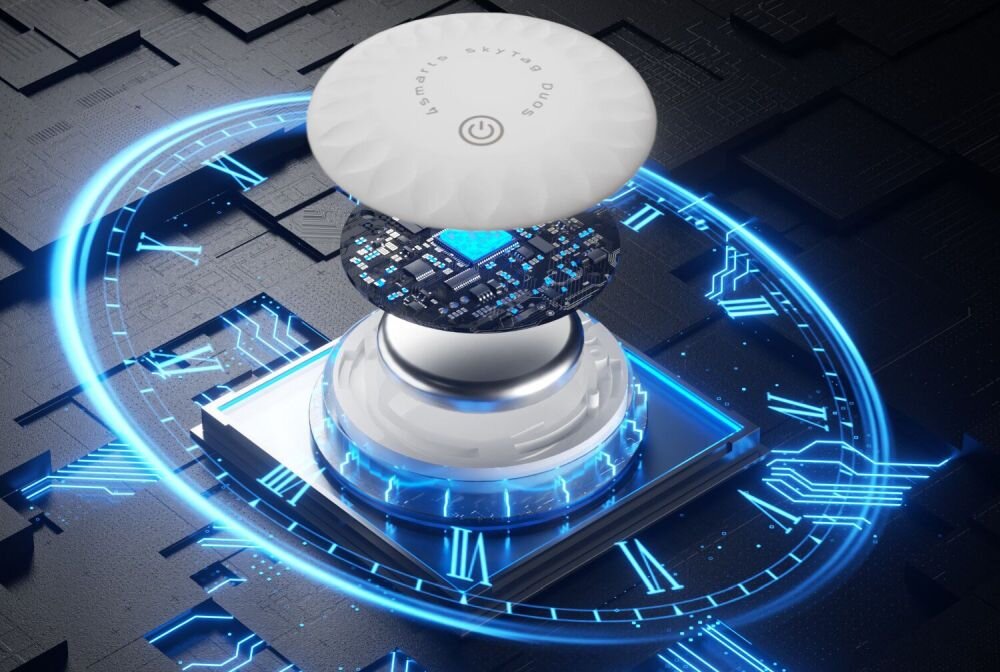 Lokalizator 4SMARTS SkyTag Duos Biały 2 szt. pokazanie wnętrza lokalizatora wymienne ogniwa CR2032, 16 miesięcy pracy praktyczny