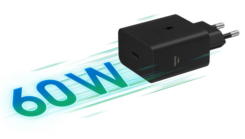 Czarna ładowarka sieciowa z logo błyskawicy i napisem \'Super Fast Charging\' oraz \'SAMSUNG\' na obudowie. Obok ładowarki widoczny jest napis \'60W\' w dynamicznym stylu.