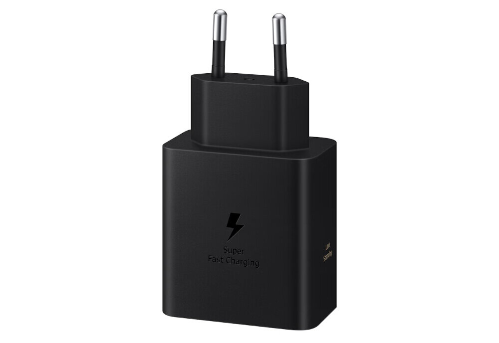 Czarna ładowarka sieciowa z dwoma metalowymi bolcami i napisem \'Super Fast Charging\' oraz symbolem błyskawicy na obudowie.