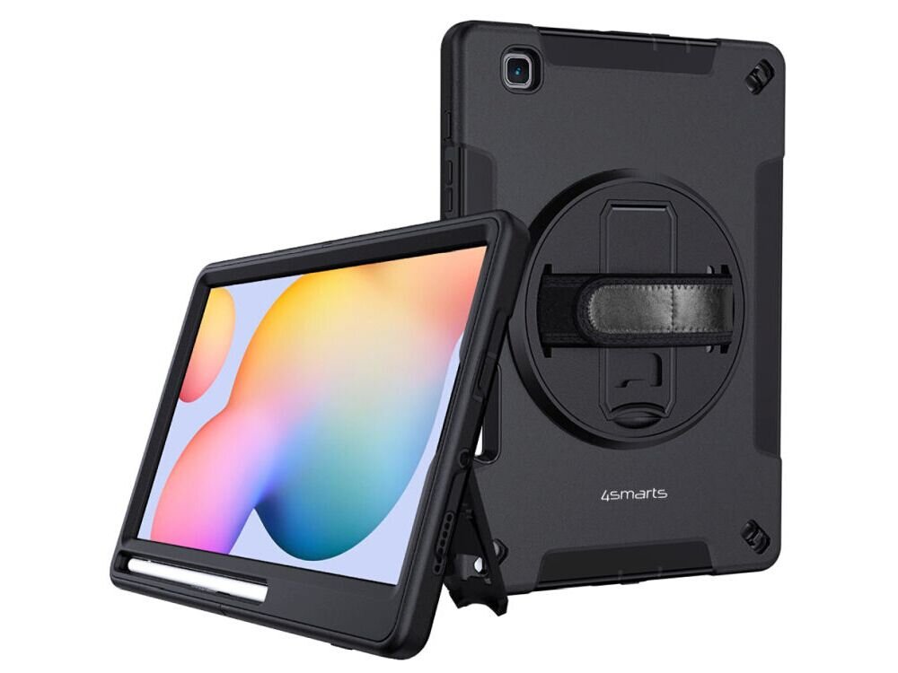 Etui na Galaxy Tab S6 Lite 4SMARTS Rugged Case Grip Czarny etui z tabletem od przodu i od tyłu na białym tle w dwóch orientacjach funkcja stojaka wygodne ustawienie