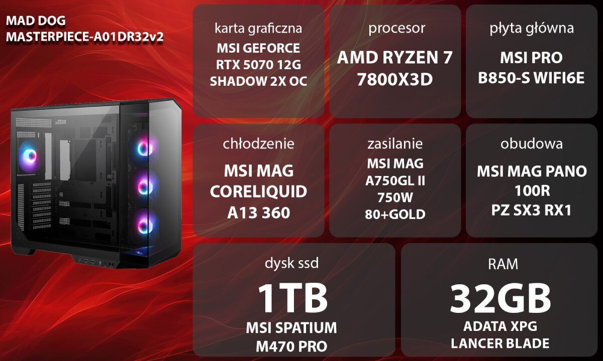 Komputer MAD DOG MASTERPIECE-A01DR32V2 Zdjęcie przedstawia młodą kobietę w brązowym swetrze siedzącą przy biurku i grającą na komputerze. Ma założone słuchawki z mikrofonem i korzysta z klawiatury oraz myszki. Przed nią znajdują się dwa monitory, a w tle widać komputer z podświetleniem RGB, opis