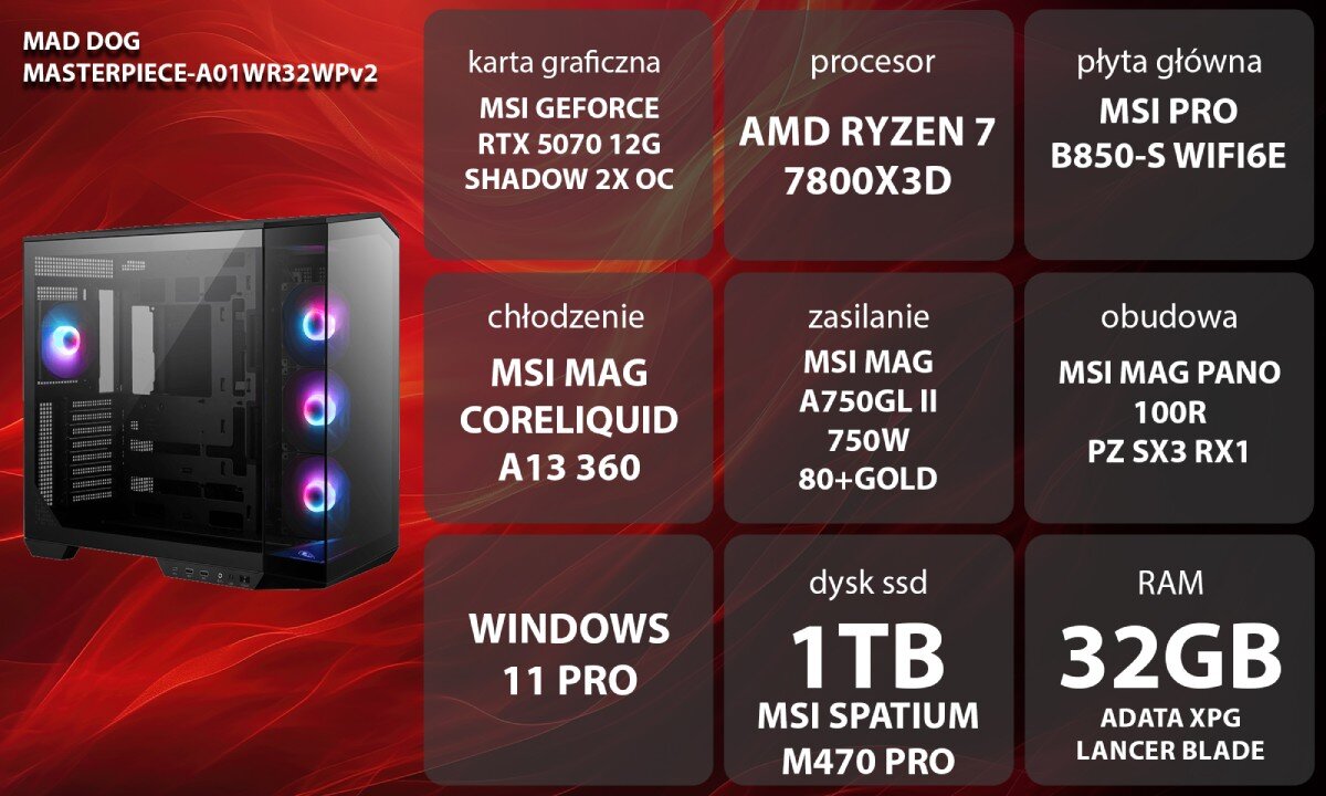 Komputer MAD DOG MASTERPIECE-A01WR32WPV2 Zdjęcie przedstawia młodą kobietę w brązowym swetrze siedzącą przy biurku i grającą na komputerze. Ma założone słuchawki z mikrofonem i korzysta z klawiatury oraz myszki. Przed nią znajdują się dwa monitory, a w tle widać komputer z podświetleniem RGB, opis