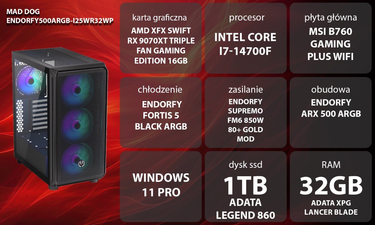 Komputer MAD DOG ENDORFY500ARGB-I25WR32WP Widok od boku, kobieta w słuchawkach gamingowych siedząca przy biurku grająca w grę, w tle komputer wygląd opis