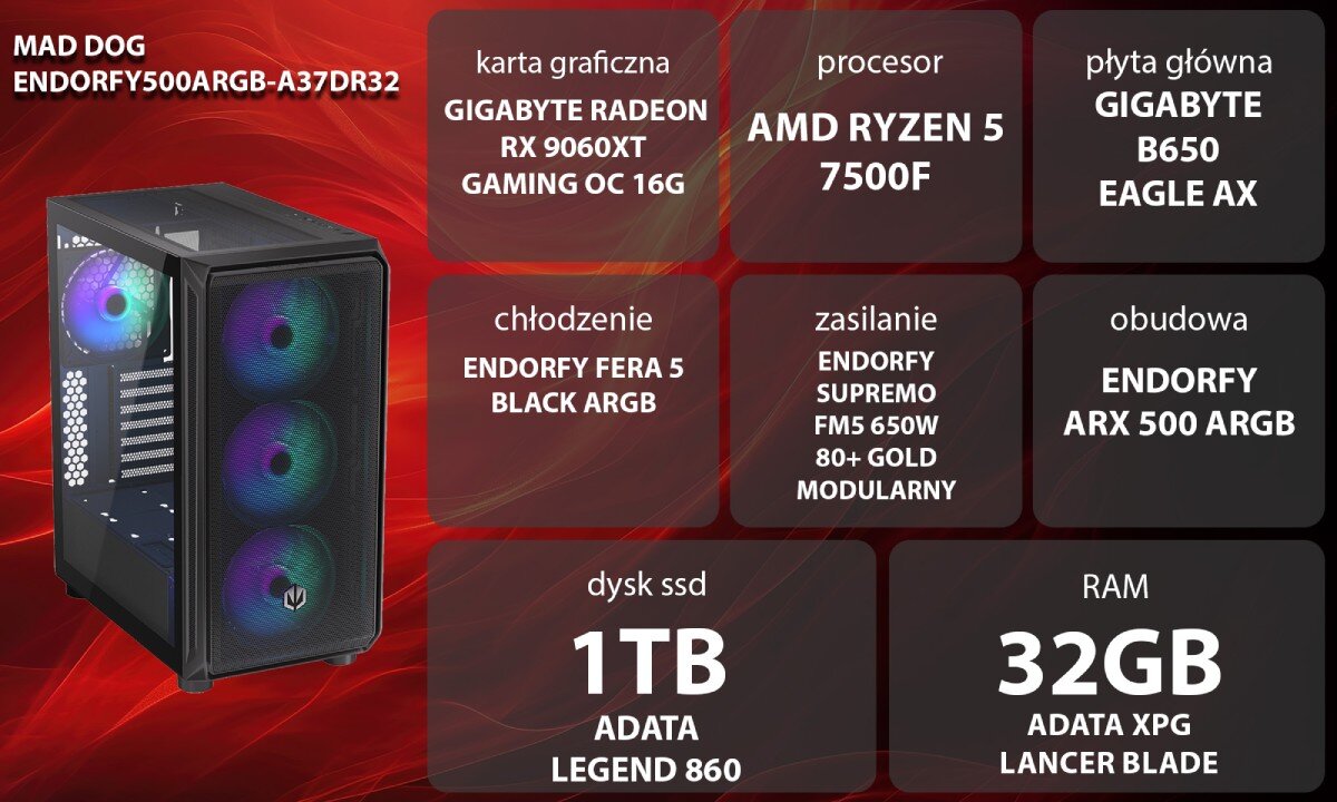 Komputer MAD DOG ENDORFY500ARGB-A37DR32 Widok od boku, kobieta w słuchawkach gamingowych siedząca przy biurku grająca w grę, w tle komputer wygląd opis