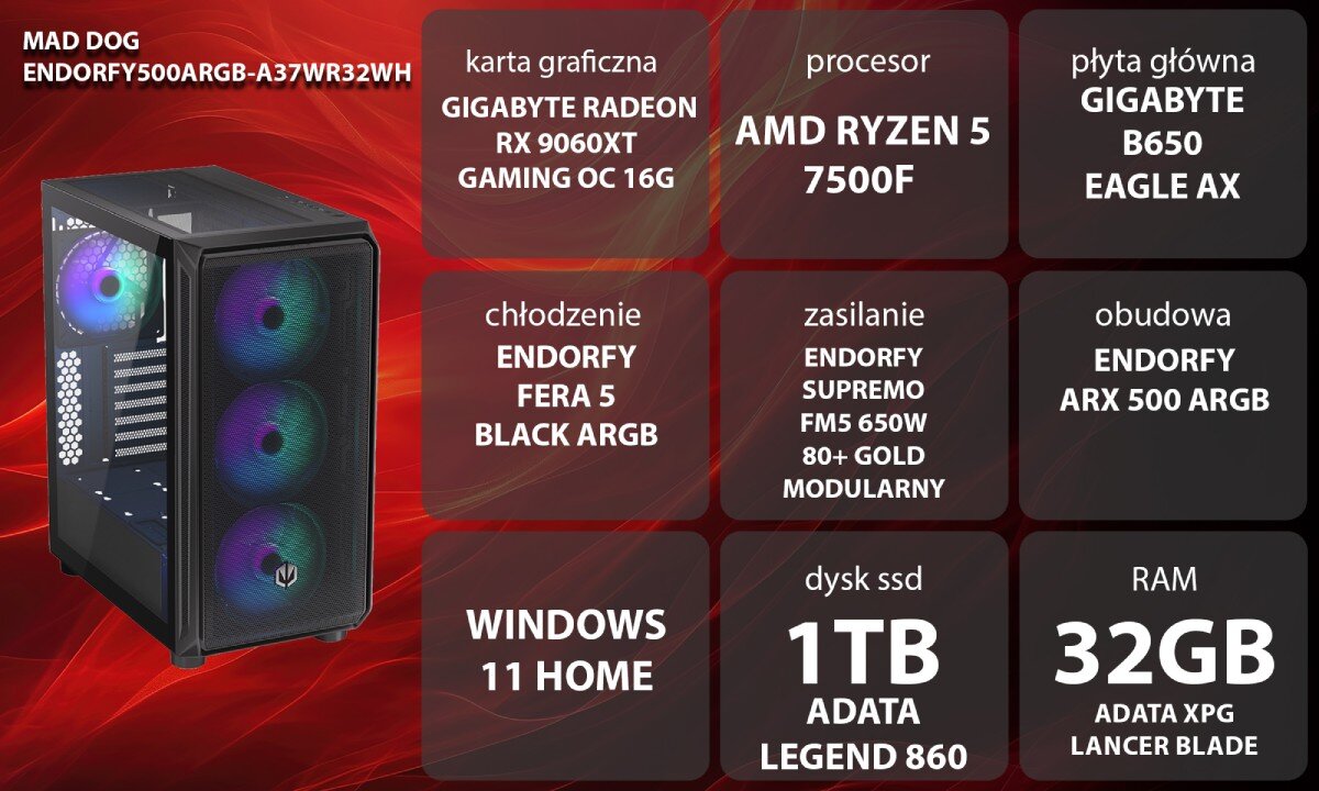 Komputer MAD DOG ENDORFY500ARGB-A37WR32WH Widok od boku, kobieta w słuchawkach gamingowych siedząca przy biurku grająca w grę, w tle komputer wygląd opis