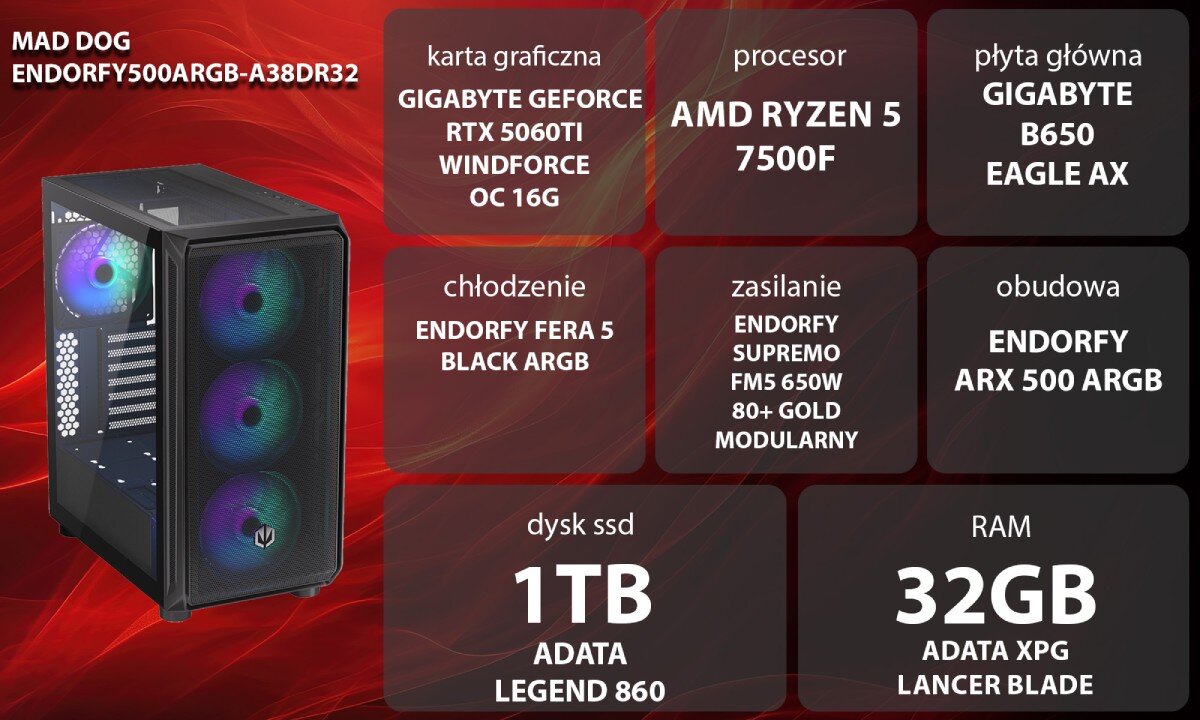 Komputer MAD DOG ENDORFY500ARGB-A38DR32 Widok od boku, kobieta w słuchawkach gamingowych siedząca przy biurku grająca w grę, w tle komputer wygląd opis