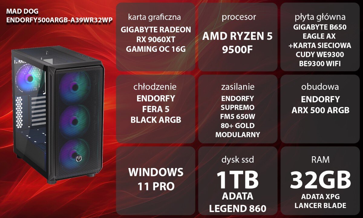 Komputer MAD DOG ENDORFY500ARGB-A39WR32WP Widok od boku, kobieta w słuchawkach gamingowych siedząca przy biurku grająca w grę, w tle komputer wygląd opis
