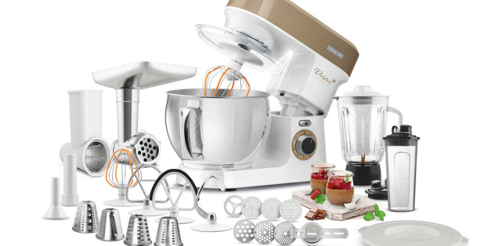 Robot kuchenny planetarny SENCOR STM 3787CH 1200W z blenderem kielichowym, maszynką do mięsa i szatkownicą Mocny silnik wszechstronny 4 różnych końcówek wymiesza ciasto mielenie krojenie siekanie ścieranie przygotowywanie