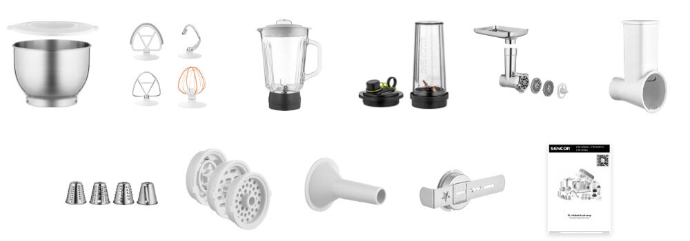 Robot kuchenny planetarny SENCOR STM 3787CH 1200W z blenderem kielichowym, maszynką do mięsa i szatkownicą zestaw akcesoria komplet wyposazenie