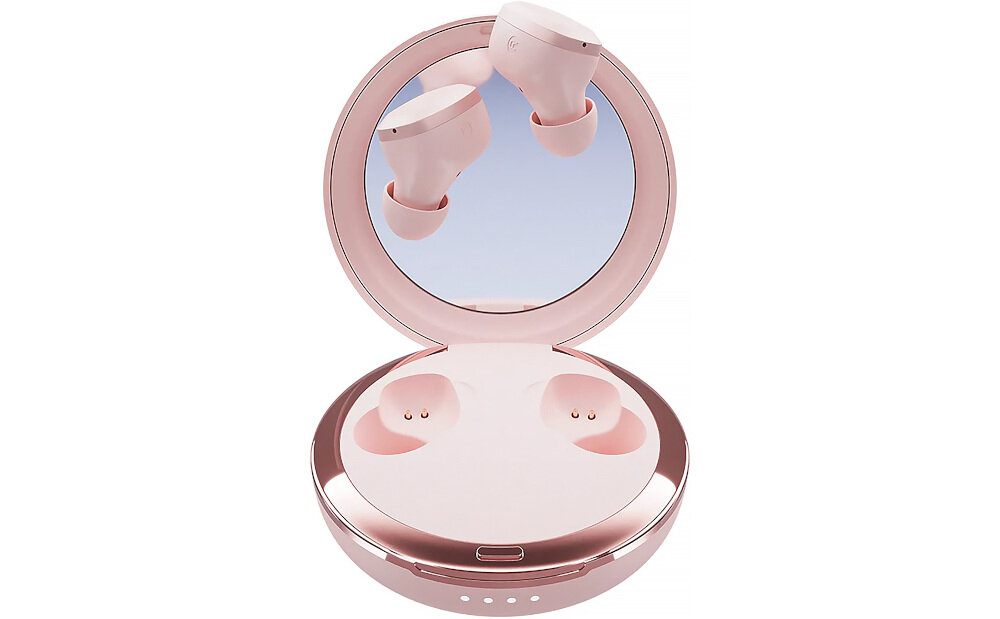 Słuchawki dokanałowe HAPPY PLUGS Adore - Lekka i kompaktowa budowa, słuchawki z etui ładującym na białym tle