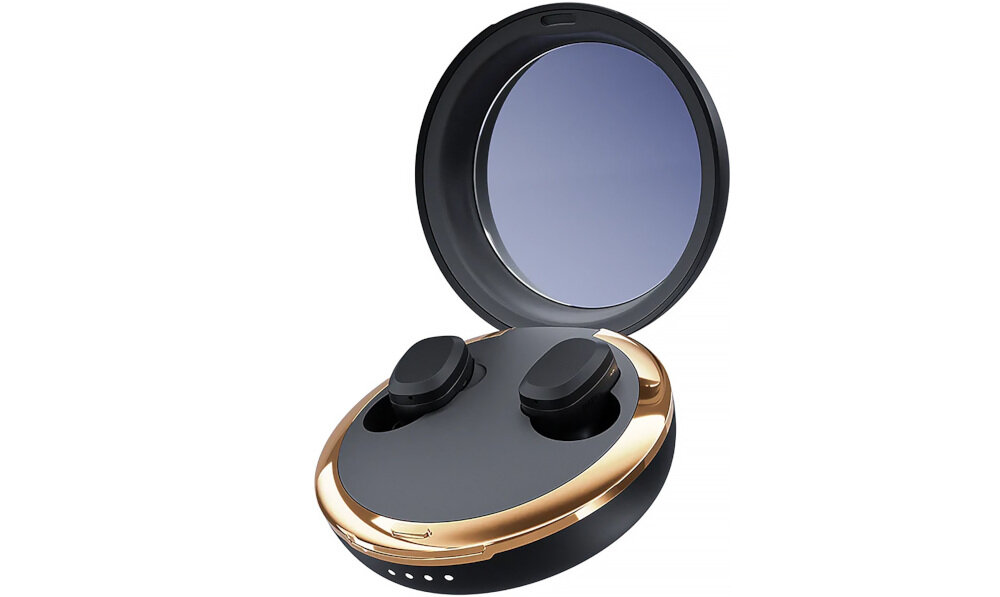 Słuchawki dokanałowe HAPPY PLUGS Adore - Pełna kontrola bez telefonu, słuchawki z etui ładującym po skosie na białym tle