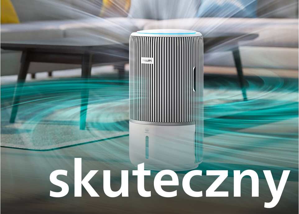 Na obrazie znajduje się oczyszczacz powietrza z logo PHILIPS, otoczony dynamicznymi liniami sugerującymi przepływ powietrza. Na dole widoczny jest duży napis \'skuteczny\'.