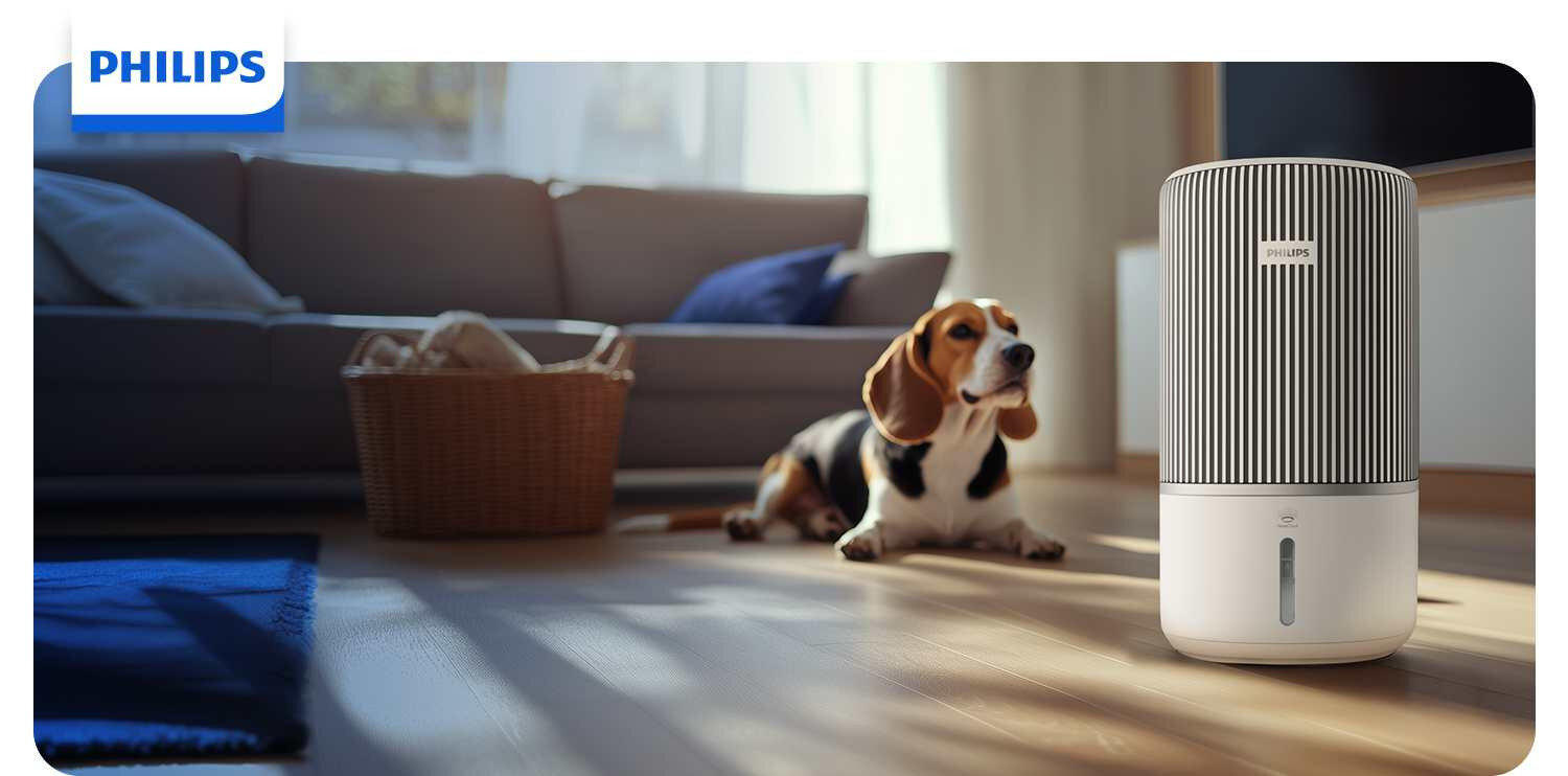 Na drewnianej podłodze stoi oczyszczacz powietrza z logo PHILIPS, obok którego leży pies. W tle znajduje się kanapa z poduszkami oraz kosz.