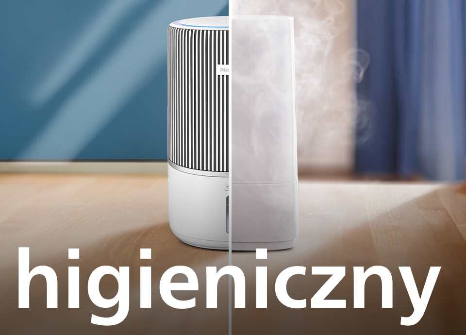 Obraz przedstawia oczyszczacz powietrza z widocznym logo PHILIPS, podzielony na dwie części: lewa z pionowymi paskami, prawa z unoszącą się parą. Na dole widoczny jest duży napis \'higieniczny\'.