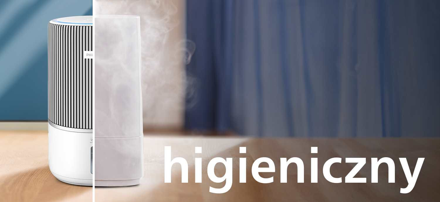 Obraz przedstawia oczyszczacz powietrza z widocznym logo PHILIPS, emitujący parę. Na obrazie znajduje się tekst: \'higieniczny\'.