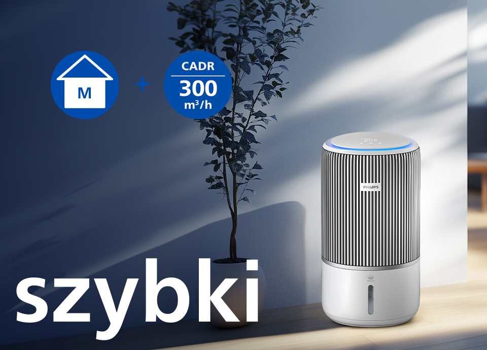 Na obrazie znajduje się oczyszczacz powietrza PHILIPS z widocznym logo, obok którego jest roślina w doniczce. Na niebieskim tle widnieje tekst: \'M + CADR 300 m³/h\' oraz duży napis \'szybki\'.