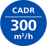 Niebieskie koło z białym tekstem \'CADR 300 m³/h\'.