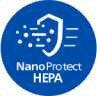 Niebieska ikona z białym symbolem tarczy i przelatującymi przez nią cząsteczkami oraz tekstem \'NanoProtect HEPA\'.