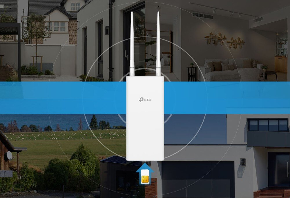 Router TP-LINK Archer MR402-Outdoor Grafika prezentująca urządzenie na tle nieba z ikonami symbolizującymi odporność na deszcz, pył oraz ekstremalne temperatury od -30 do 60 stopni Celsjusza