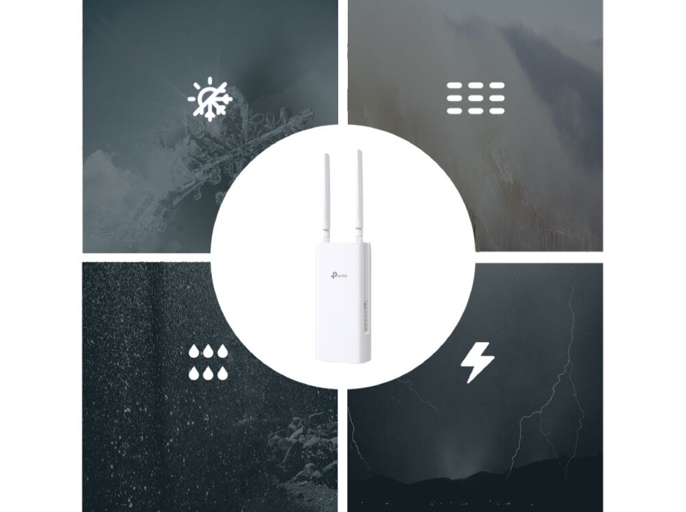 Router TP-LINK Archer MR402-Outdoor Trzy zdjęcia pokazujące elastyczność montażu urządzenia: na metalowym słupie, na ścianie oraz na ramie okiennej