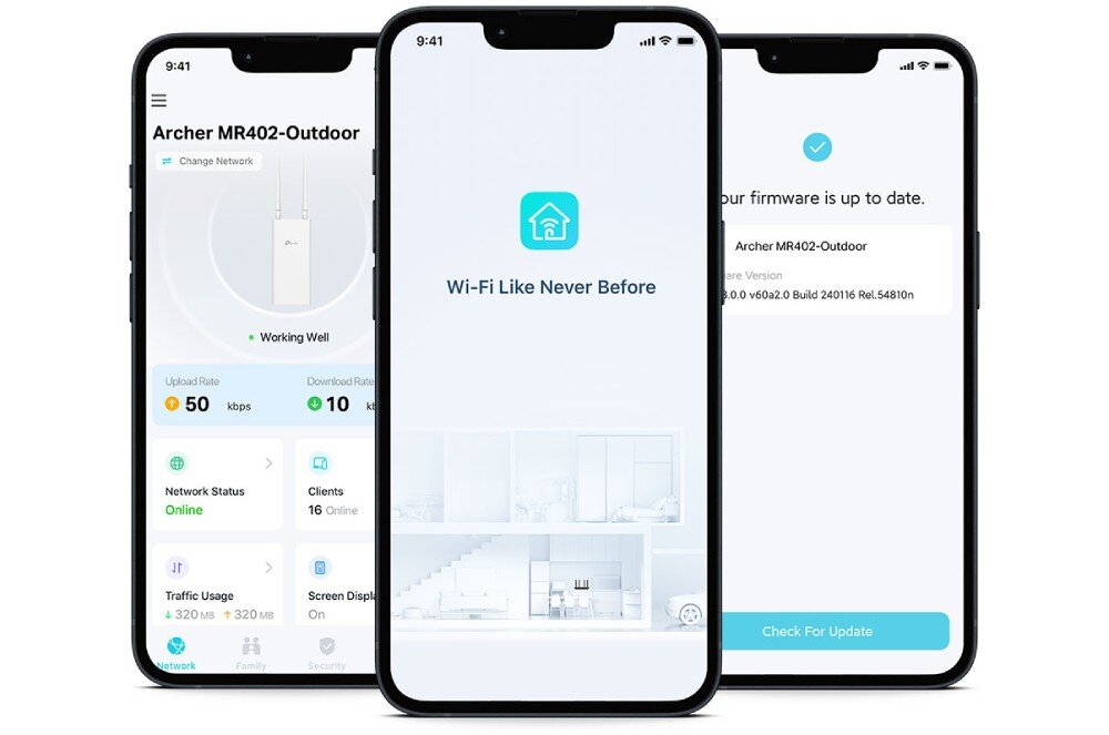 Router TP-LINK Archer MR402-Outdoor Smartfon z uruchomioną aplikacją mobilną do zarządzania siecią, wyświetlający status połączenia 4G LTE oraz listę podłączonych klientów