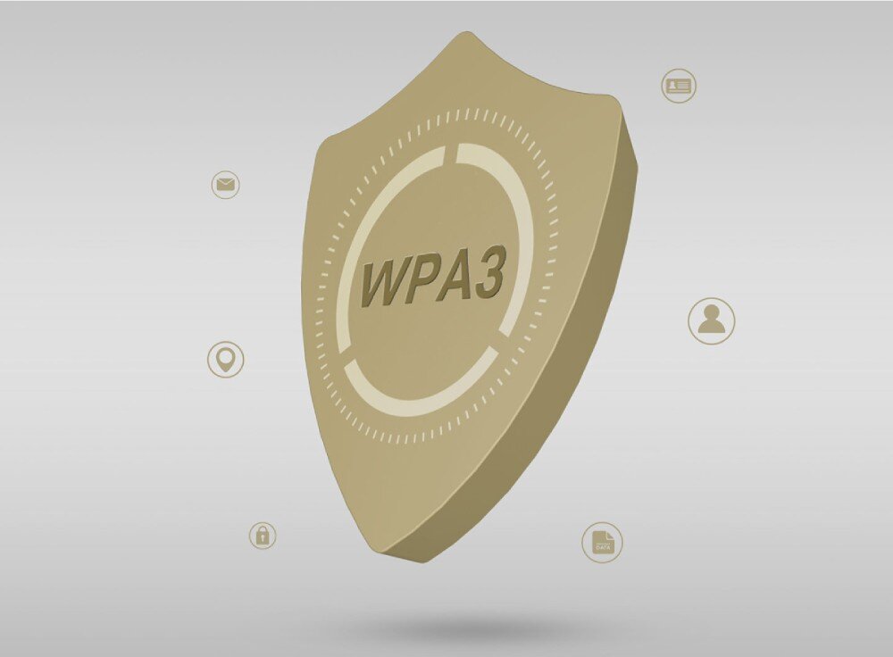 Karta sieciowa TP-LINK Archer TX23U Trójwymiarowa beżowa tarcza z napisem WPA3 otoczona małymi ikonami symbolizującymi kłódkę, dane, użytkownika i wiadomości