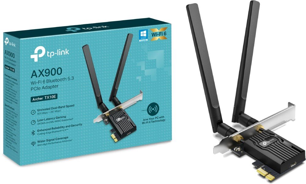 Karta sieciowa TP-LINK Archer TX10E opakowanie produktu w kolorze turkusowym z białymi napisami obok wyjętej karty sieciowej z dwiema czarnymi antenami