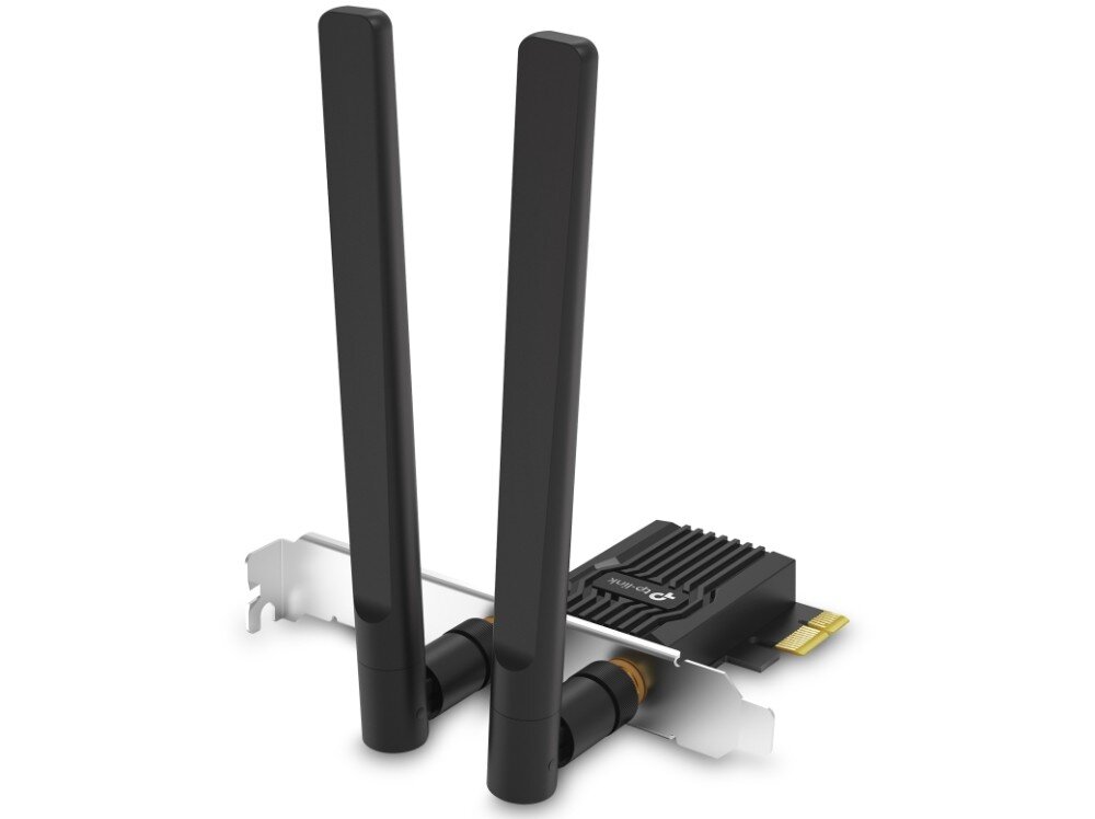 Karta sieciowa TP-LINK Archer TX10E karta sieciowa widziana z boku ukazująca czarną obudowę z logo producenta, złote złącza antenowe oraz dwie pionowe czarne anteny