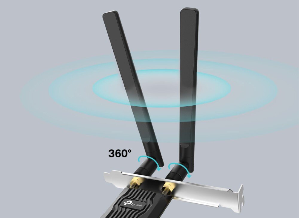 Karta sieciowa TP-LINK Archer TX10E karta sieciowa z dwiema czarnymi antenami oraz grafiką przedstawiającą niebieskie łuki symbolizujące zasięg i napis '360' stopni ze strzałkami wskazującymi możliwość regulacji