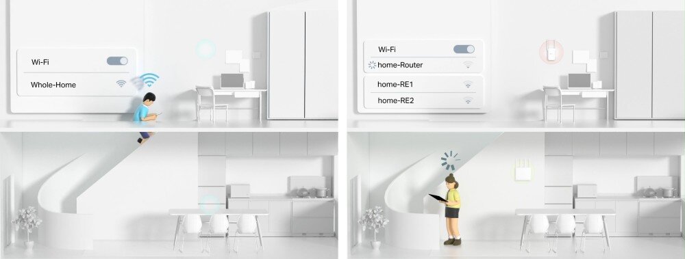 Wzmacniacz sieci TP-LINK RE225BE Smartfon z uruchomioną aplikacją mobilną pokazującą stan połączenia, obok którego widoczny jest fragment białego wzmacniacza sygnału