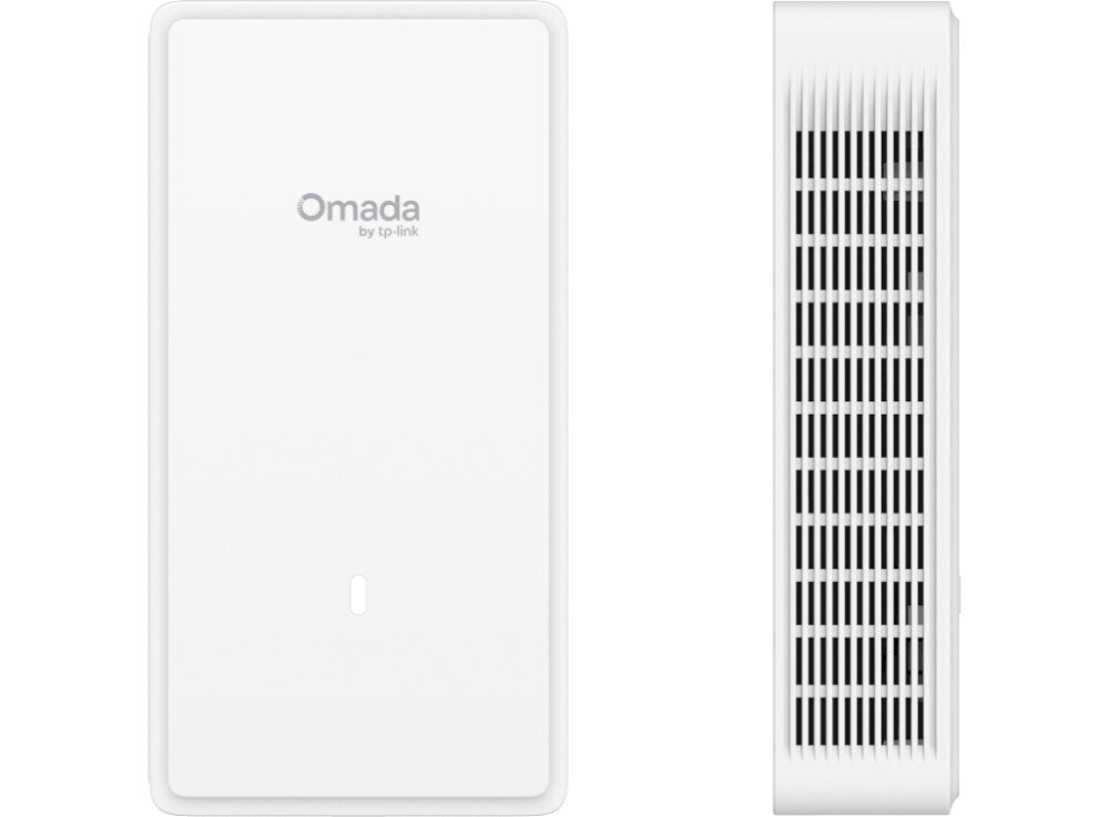 Punkt dostępu TP-LINK Omada EAP775-Wall Prostokątny punkt dostępowy widoczny od przodu z logo 'Omada by tp-link' i diodą oraz obok widok na jego boczny panel z kratką wentylacyjną