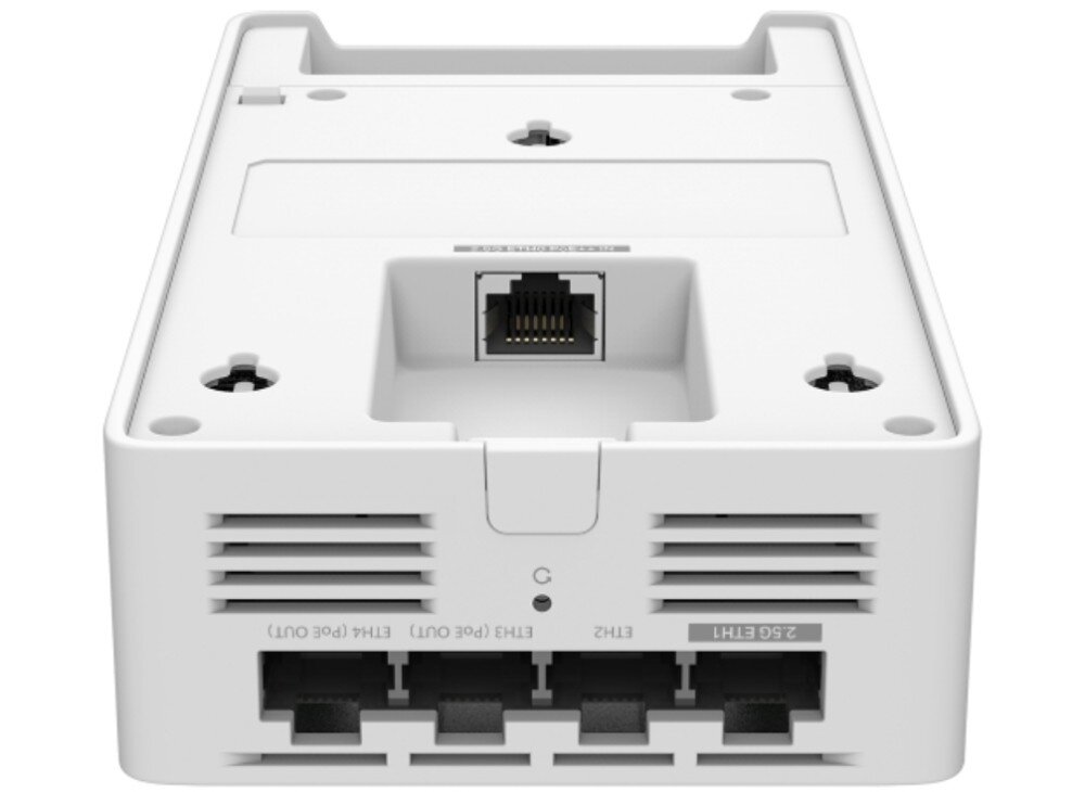 Punkt dostępu TP-LINK Omada EAP775-Wall Widok na dolny panel punktu dostępowego z czterema portami Ethernet, przyciskiem resetu, wycięciami wentylacyjnymi oraz portem z tyłu