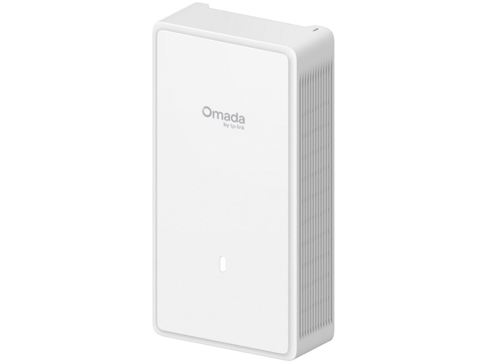 Punkt dostępu TP-LINK Omada EAP775-Wall Prostokątny punkt dostępowy z logo 'Omada by tp-link', małą diodą LED na przednim panelu i kratką wentylacyjną na boku, ujęty pod kątem