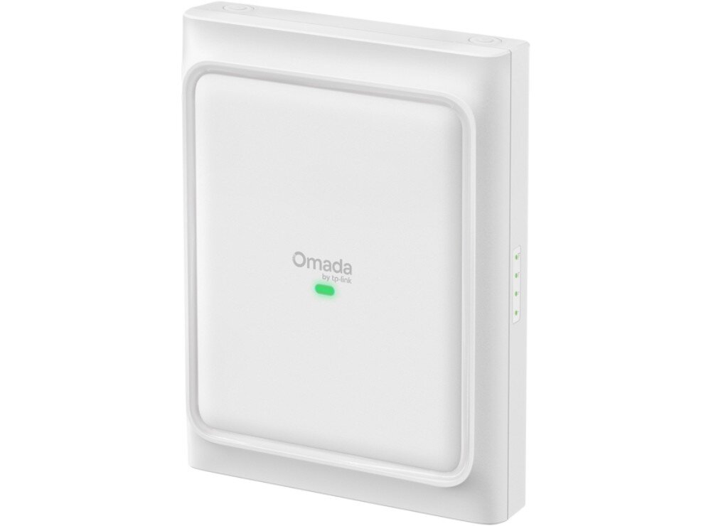 Biały, prostokątny punkt dostępu z napisem \'Omada by tp-link\' i zielonym wskaźnikiem LED na przedniej stronie. Na boku widoczne są trzy małe diody LED.