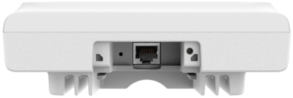 Biały punkt dostępu z widocznym portem Ethernet pośrodku oraz otworami montażowymi po bokach.