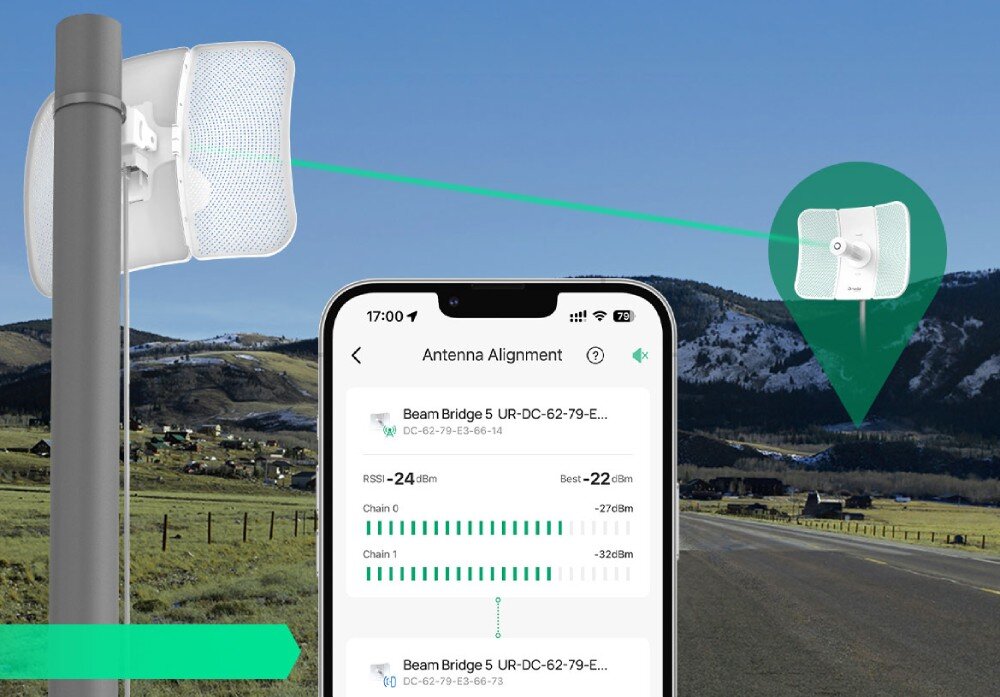 Most bezprzewodowy TP-LINK Omada Beam Bridge 5 UR Kit zestawienie zdjęcia urządzenia na maszcie z ekranem smartfona wyświetlającym aplikację do precyzyjnego ustawiania anteny i poziom sygnału w decybelach