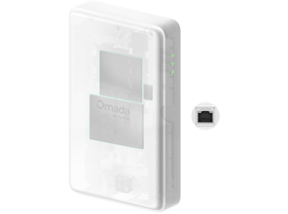 Router TP-LINK Omada ER701-5G-Outdoor Przezroczysty widok wnętrza obudowy ukazujący rozmieszczenie komponentów elektronicznych oraz powiększony detal portu opisanego jako 2.5G PoE