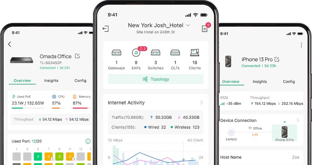 Router TP-LINK Omada ER701-5G-Outdoor Trzy smartfony obok siebie prezentujące interfejs aplikacji do zarządzania siecią z wykresami aktywności oraz listą podłączonych urządzeń lokalnych i sieciowych