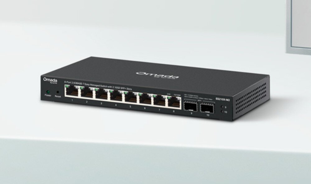 Switch TP-LINK Omada ES210X-M2 Metalowy, szary przełącznik sieciowy z ośmioma portami ethernetowymi i dwoma gniazdami SFP plus umieszczony centralnie na tle grafiki przedstawiającej serwerownię